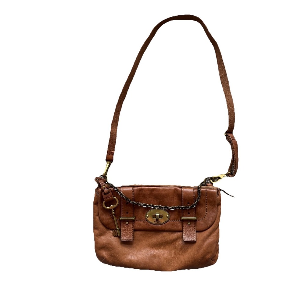 Fossil‎ Issue 54 Brown Leather Messenger Bag Crossbody Charm Satchel Chain Purse